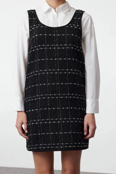 Kadın Moda Şık Mini Boy U Yaka Regular Ekose Kareli Tüvit Jile Dokuma Elbise