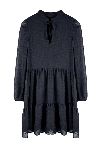 Kadın Moda Şık Mini Boy Dik Yaka Regular Düz Geniş Kesim Puantiye Şifon Kumaşlı Dokuma Kışlık Elbise