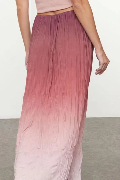 Kadın Moda Stil Maxi Astarsız Örme Kloş Degrade Geçişli Kırışık Pilise Maxi Esnek Etek - 5