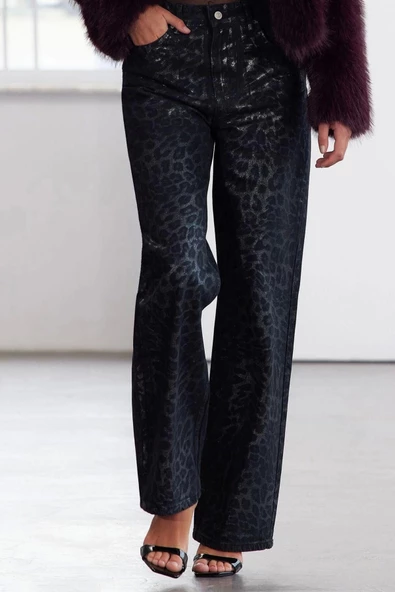 Kadın Moda Şık Kot Pantolon Geniş Paça Uzun Boy Denim Leopar Varak Baskılı Yüksek Bel Jeans