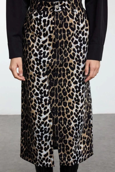 Kadın Moda Stil Maxi Astarsız Dokuma Animal Leopar Desenli Önden Yırtmaçlı Maxi Boy Dokuma Etek