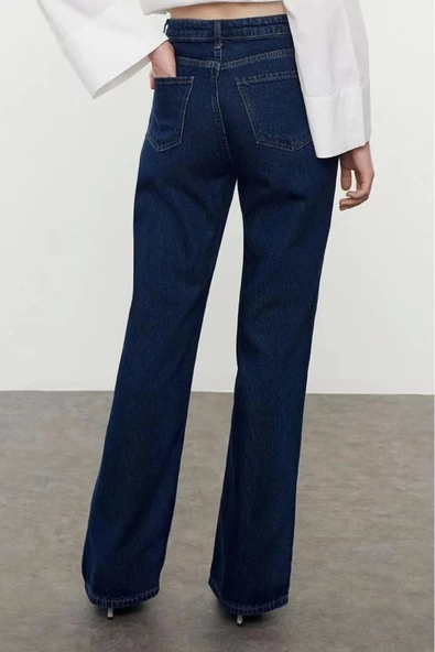 Kadın Moda Şık Kot Pantolon Geniş Paça Uzun Boy Denim Mavi Yüksek Bel Jeans - 2