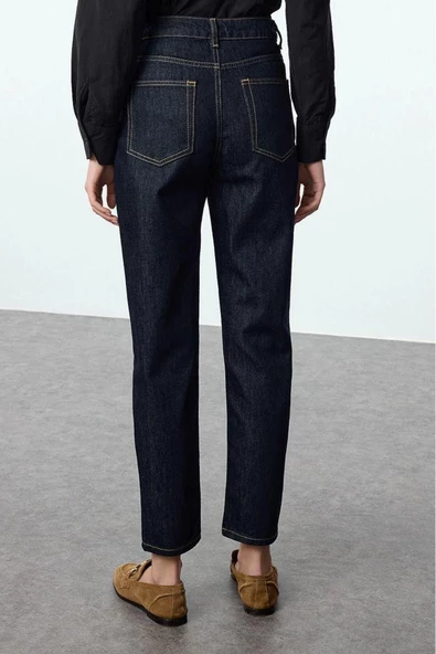 Kadın Moda Şık Kot Pantolon Boru Paça Uzun Boy Denim Yüksek Bel Mom Jeans - 5