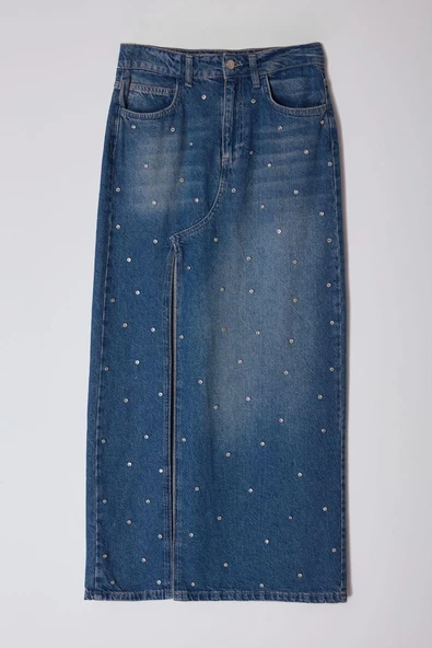 Kadın Moda Stil Maxi Astarsız Denim Limited Edition Taşlı Yüksek Bel Maxi Denim Etek