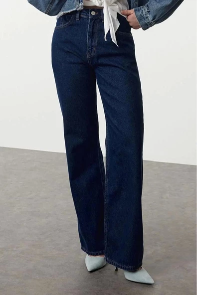 Kadın Moda Şık Kot Pantolon Geniş Paça Uzun Boy Denim Mavi Yüksek Bel Jeans