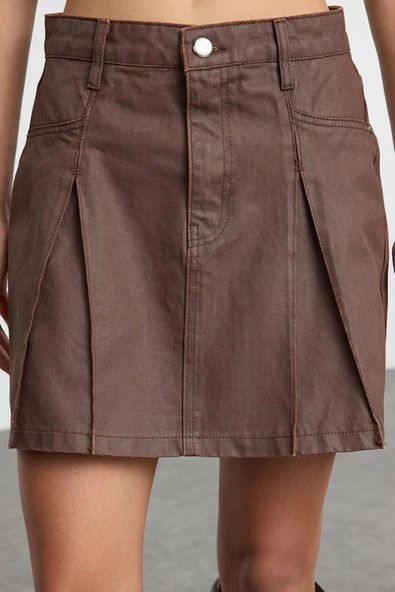 Kadın Moda Stil Mini Astarsız Denim Deri Kaplamalı Pileli Mini Denim Etek