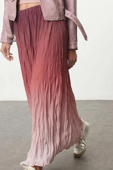 Kadın Moda Stil Maxi Astarsız Örme Kloş Degrade Geçişli Kırışık Pilise Maxi Esnek Etek - 2