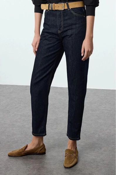 Kadın Moda Şık Kot Pantolon Boru Paça Uzun Boy Denim Yüksek Bel Mom Jeans - 3