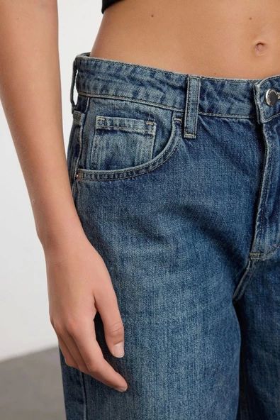 Kadın Moda Şık Kot Pantolon Geniş Paça Uzun Boy Denim Mavi Yüksek Bel Jeans - 4