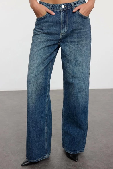Kadın Moda Şık Kot Pantolon Geniş Paça Uzun Boy Denim Mavi Yüksek Bel Jeans