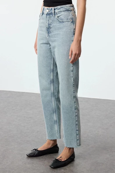 Kadın Moda Şık Kot Pantolon Boru Paça Uzun Boy Denim Yüksek Bel Straight Jeans