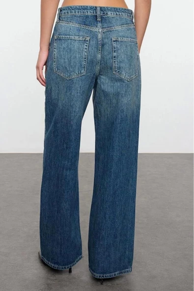 Kadın Moda Şık Kot Pantolon Geniş Paça Uzun Boy Denim Mavi Yüksek Bel Jeans - 5