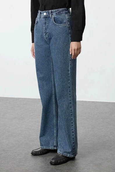 Kadın Moda Şık Kot Pantolon Geniş Paça Uzun Boy Denim Mavi Yüksek Bel Jeans