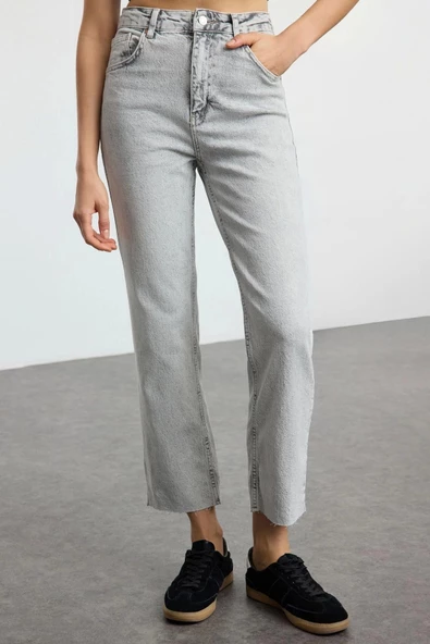 Kadın Moda Şık Kot Pantolon Boru Paça Uzun Boy Denim Gri Yüksek Bel Straight Jeans