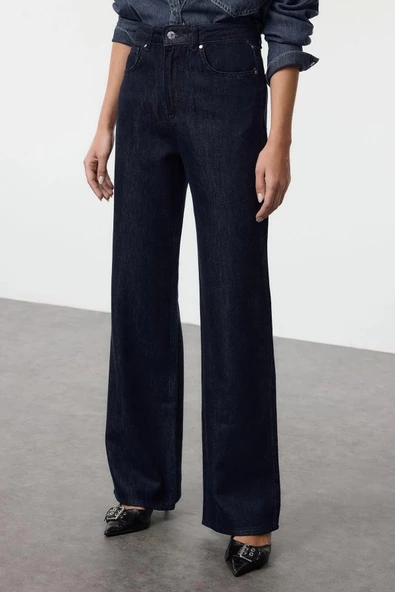 Kadın Moda Şık Kot Pantolon Geniş Paça Uzun Boy Denim Yüksek Bel Jeans