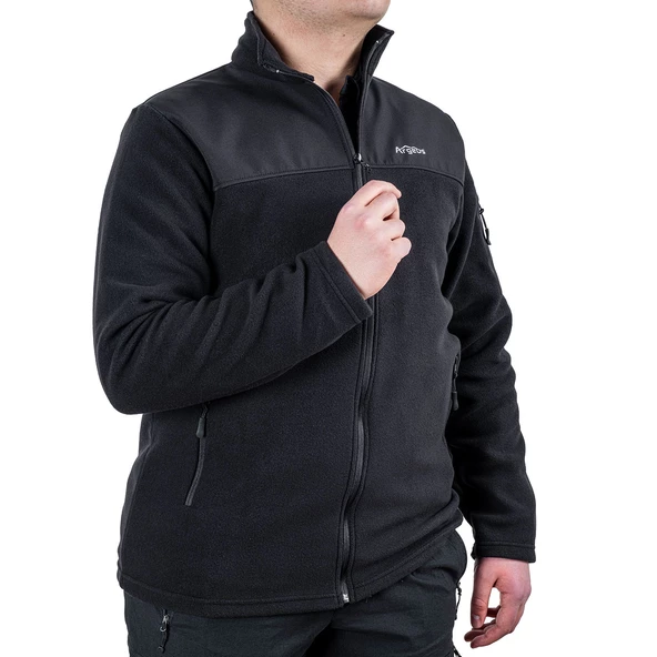 Outdoor Polar Ceket Siyah - Sıcak Tutan Polar - Softshell Omuz - Fermuarlı Cep - Resim 3