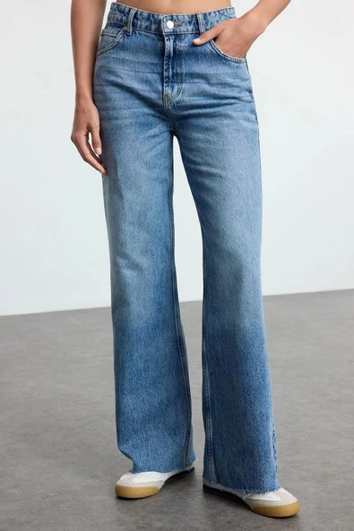 Kadın Moda Şık Kot Pantolon Geniş Paça Uzun Boy Denim Mavi Yüksek Bel Jeans