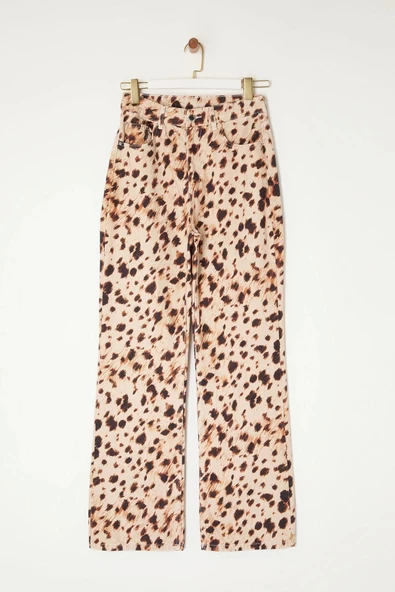 Kadın Moda Şık Kot Pantolon Geniş Paça Uzun Boy Denim Leopar Desenli Yüksek Bel Jeans