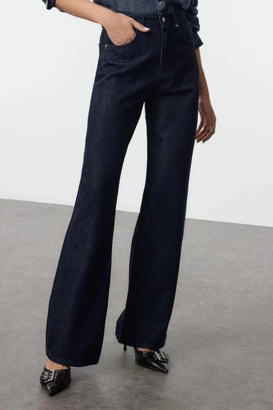 Kadın Moda Şık Kot Pantolon Geniş Paça Uzun Boy Denim Yüksek Bel Jeans - 2