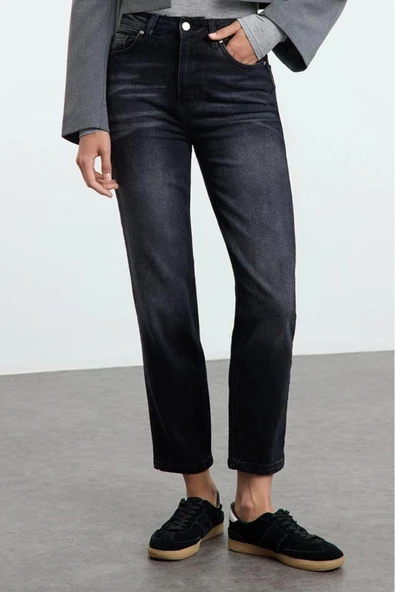 Kadın Moda Şık Kot Pantolon Boru Paça Uzun Boy Denim Yüksek Bel Slim Mom Jeans - 2