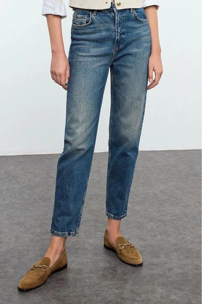 Kadın Moda Şık Kot Pantolon Boru Paça Uzun Boy Denim Soluk Vintage Yüksek Bel Slim Mom Jeans - 2