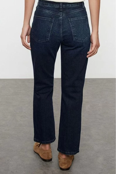 Kadın Moda Şık Kot Pantolon Boru Paça Uzun Boy Denim Gece Mavisi Yüksek Bel Straight Fit Jeans - 5