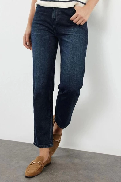 Kadın Moda Şık Kot Pantolon Boru Paça Uzun Boy Denim Gece Mavisi Yüksek Bel Straight Fit Jeans - 3