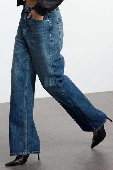 Kadın Moda Şık Kot Pantolon Geniş Paça Uzun Boy Denim Mavi Yüksek Bel Jeans - 3