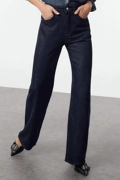 Kadın Moda Şık Kot Pantolon Geniş Paça Uzun Boy Denim Yüksek Bel Jeans - 3