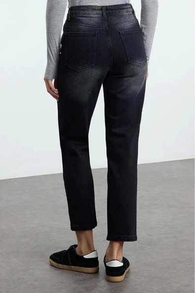 Kadın Moda Şık Kot Pantolon Boru Paça Uzun Boy Denim Yüksek Bel Slim Mom Jeans - 5