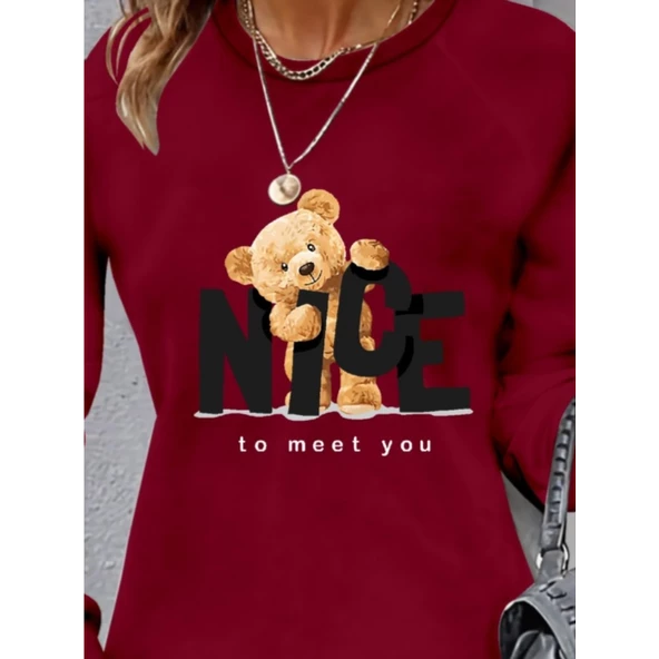 Lucky Life Kadın Uzun Kollu Bisiklet Yaka Ayı Desenli Viskon Iki Iplik Elbise