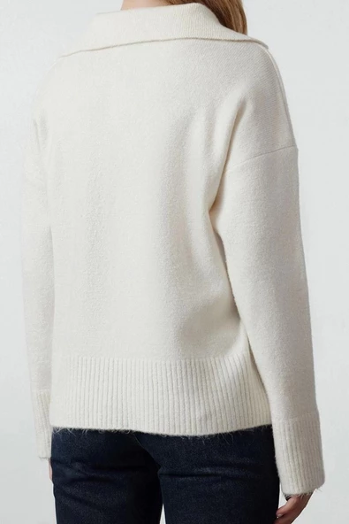 Kadın Moda Şık Polo Yaka Düşük Kol Regular Yünlü Geniş Kalıp Basic Triko Kazak - 4