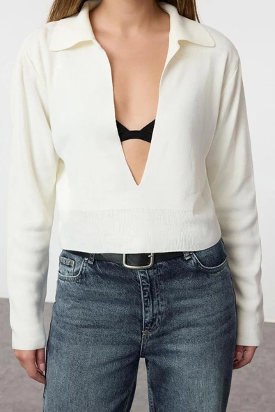Kadın Moda Şık Polo Yaka Standart Kol Crop İnce Triko Kazak