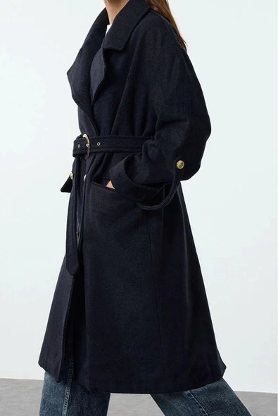 Kadın Moda Şık Regular Ceket Yaka Midi Düz Astarlı Kemerli Kolları Katlanabilir Yünlü Trençkot Kaban - 4