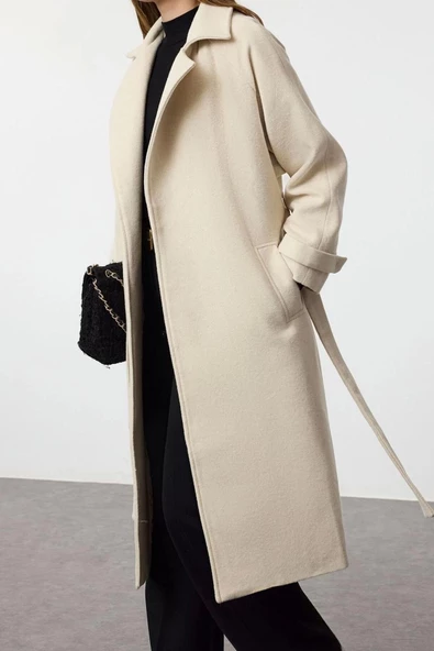 Kadın Moda Şık Bol Ceket Yaka Uzun Düz Astarlı Oversize Yünlü Trençkot Kaban - 3