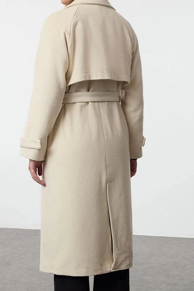Kadın Moda Şık Bol Ceket Yaka Uzun Düz Astarlı Oversize Yünlü Trençkot Kaban - 5