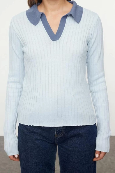 Kadın Moda Şık Polo Yaka Standart Kol Regular Renk Bloklu Triko Kazak