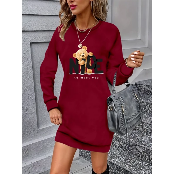 Lucky Life Kadın Uzun Kollu Bisiklet Yaka Ayı Desenli Viskon Iki Iplik Elbise - 3