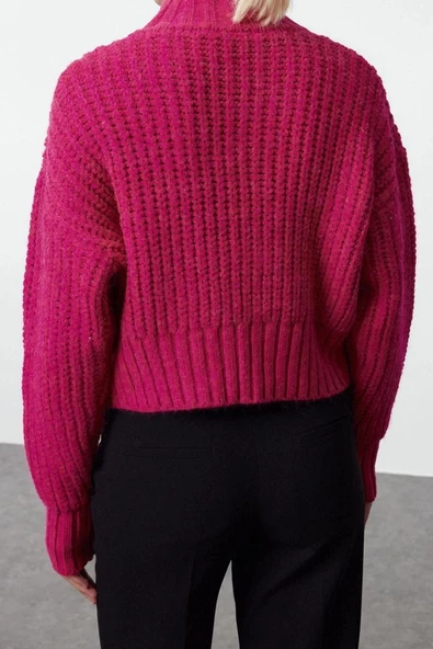 Kadın Moda Şık Dik Yaka Standart Kol Crop Yumuşak Dokulu Basic Kalın Örgü Detaylı Triko Kazak - 4