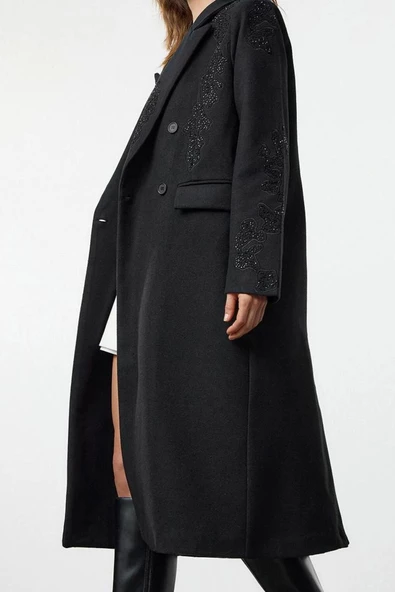 Kadın Moda Şık Regular Ceket Yaka Uzun Nakışlı Astarlı Nakış Detaylı Yumuşak Dokulu Kaban - 2