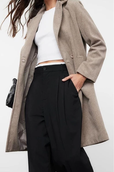 Kadın Moda Şık Regular Ceket Yaka Uzun Düz Astarlı Kruvaze Regular Yünlü Midi Kaban - 2