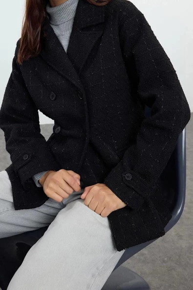 Kadın Moda Şık Regular Ceket Yaka Standart Desenli Astarlı Tüvit Detaylı Mevsimlik Midi Kaban - 2