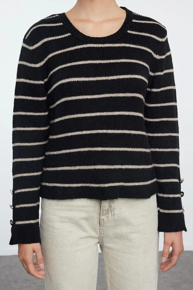 Kadın Moda Şık Bisiklet Yaka Standart Kol Regular Yumuşak Dokulu Basic Çizgili Triko Kazak