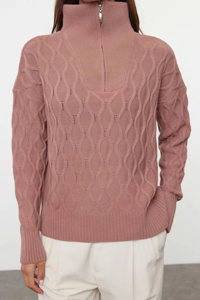 Kadın Moda Şık Polo Yaka Standart Kol Regular Geniş Kalıp Saç Örgülü Dik Yaka Triko Kazak