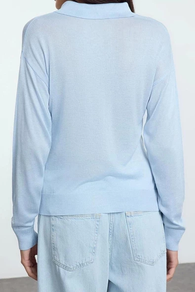 Kadın Moda Şık Polo Yaka Standart Kol Regular İnce Triko Kazak - 5