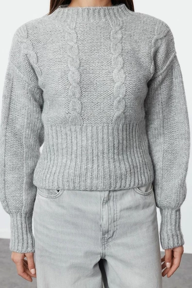 Kadın Moda Şık Dik Yaka Standart Kol Crop Saç Örgü Bisiklet Yaka Triko Kazak
