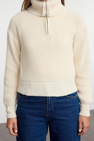 Kadın Moda Şık Devrik Yaka Standart Kol Regular Crop Kazak-Bluz Takım Triko Kazak