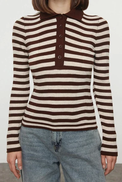 Kadın Moda Şık Polo Yaka Standart Kol Regular Basic Çizgili Triko Kazak