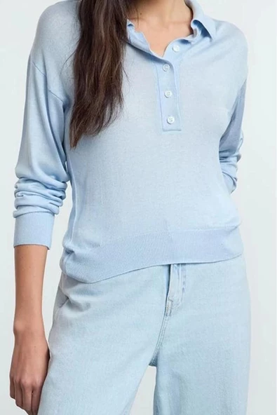 Kadın Moda Şık Polo Yaka Standart Kol Regular İnce Triko Kazak - 3