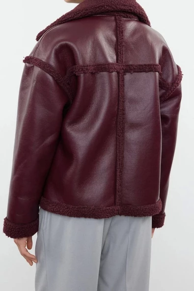 Kadın Moda Şık Regular Ceket Yaka Standart Düz Astarlı Peluş Detaylı Suni Deri Biker Ceket Mont - 6
